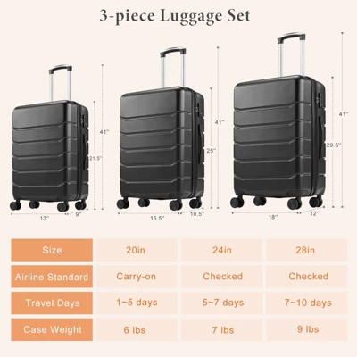 FURNIinspire Luggage 3packs Luggage Set, 20-28 Inch Luggage Expandable Hardside Suitcase, ABS Durable Lightweight Travel Luggage With TSA Lock, Black 2 FURNIinspire Luggage 3packs Luggage Set, 20-28 Inch Luggage Expandable Hardside Suitcase, ABS Durable Lightweight Travel Luggage With TSA Lock, Black - Image 2