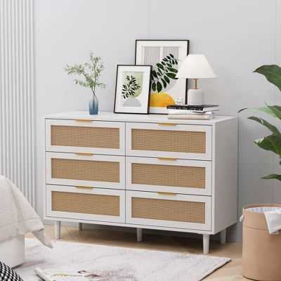 FURNIinspire Dressers Rattan Storage Cabinet Clothes Storage Cabinet With 6 Drawer For Bedroom Nursery, Large Capacity, White, 43.31"*15.75"*29.53" 5 FURNIinspire Dressers Rattan Storage Cabinet Clothes Storage Cabinet With 6 Drawer For Bedroom Nursery, Large Capacity, White, 43.31"*15.75"*29.53" - Image 5