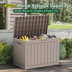 FURNIinspire Deck Boxes 45 Gallon Deck Box, Outdoor Waterproof Storage Bin, Storage Deck Box, All Weather Use, Light Brown, 17“*31”*22“ -Home Decor GUEST fb41617a 6bc5 4256 91a9 8233c2a16a7d
