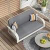 FURNIinspire Patio Swings Wicker Porch Swing, Hanging Bench With Chains, Patio Swing For Backyard Garden Poolside, White And Gray, 49"*20"*22"